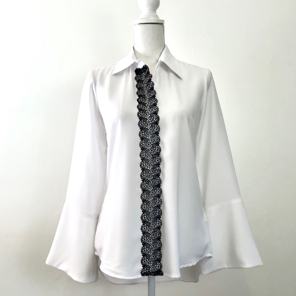 Mishca Bell Sleeve Black Filigree White Blouse